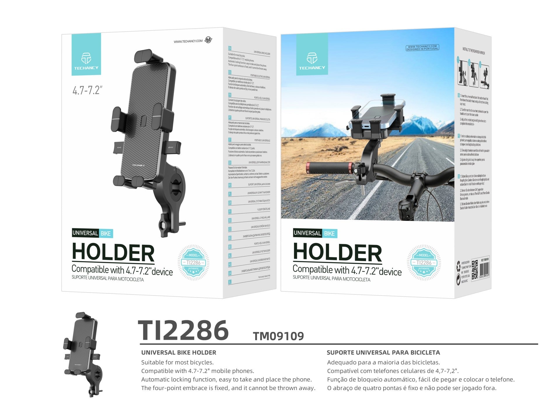 Techancy Suporte Universal Para Bicicleta Preto Ti2286, Telemóvel De 4,7-7,2 Polegadas, Fixação De Quatro Pontos, Sólido E Que Não Cai-4